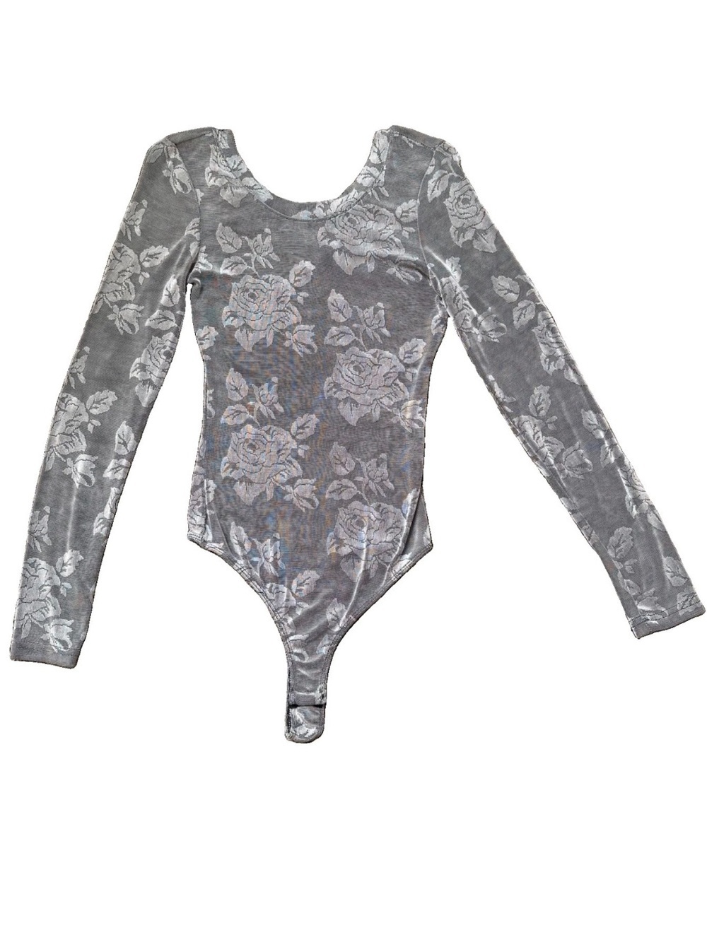 Victoria’s Secret Bodysuit Long Sleeve Thong Medium Roses Burnout Grey Silver